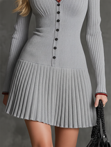 Chic Miu-style V-neck Red-trimmed Pleated Skirt Gray Knit Mini Dress