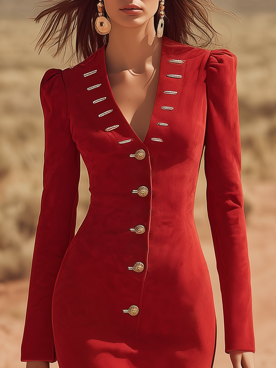 Vintage Western Style V-neck Metal Buttons And Fringe Faux Suede Midi Dress