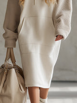 Fashionable Loose Hooded Polar Fleece Sleeve Beige Sweatshirt Midi Dress