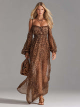 Brown Leopard Print Off-Shoulder Chiffon Maxi Dress