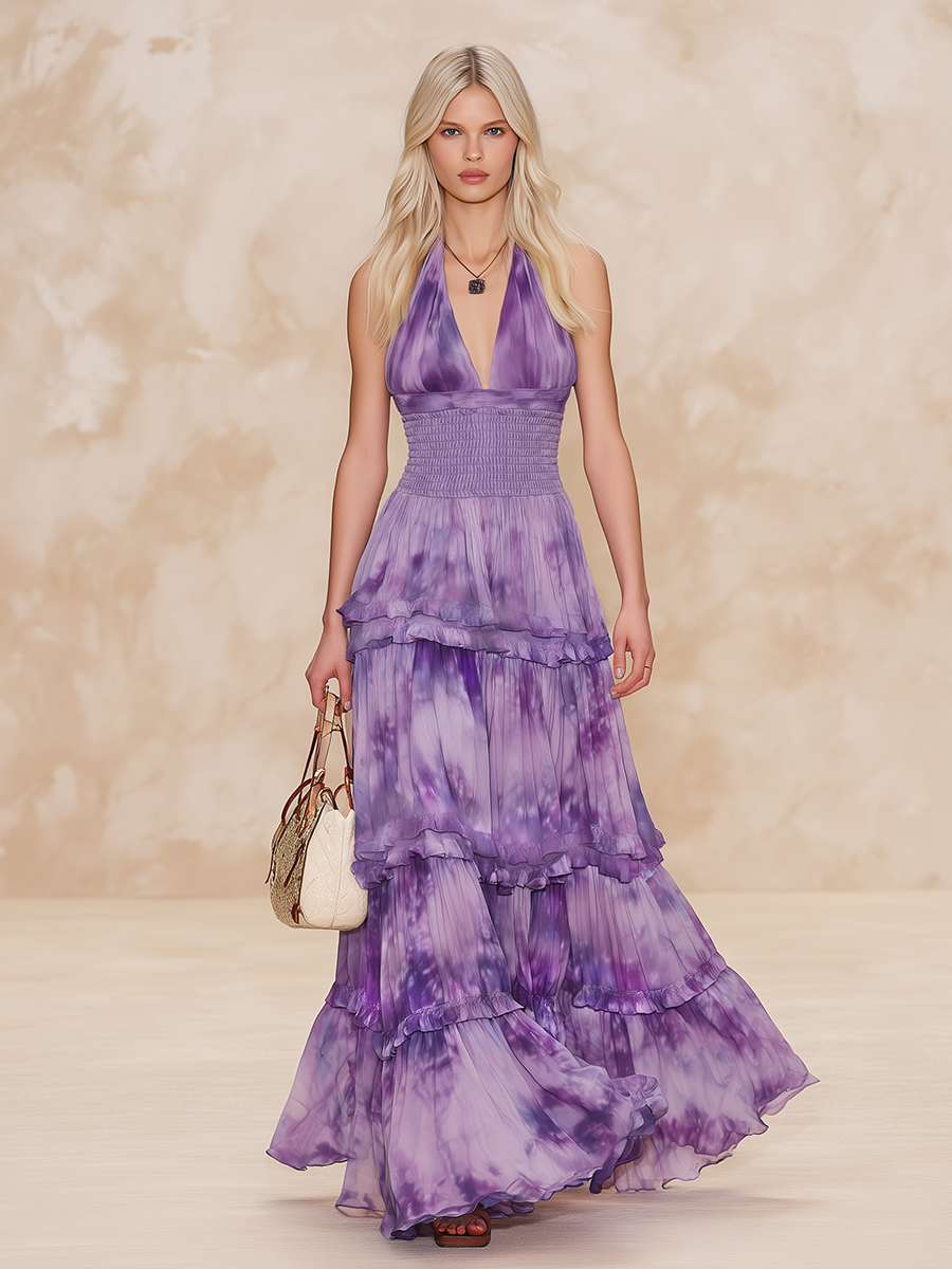 Halter-Neck V-Neck Printed Chiffon Maxi Dress