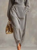 Exquisite Casual Lapel Front Zipper Long Sleeve Light Gray Waffle Fabric Maxi Dress