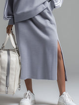 Sporty Retro Webbing Blue-grey Knit Half-zip Sweatshirt And Slit Skirt Set