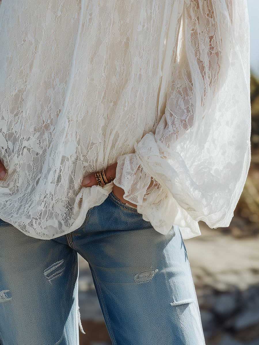 Vintage And Elegant Off-the-shoulder Lace T-shirt