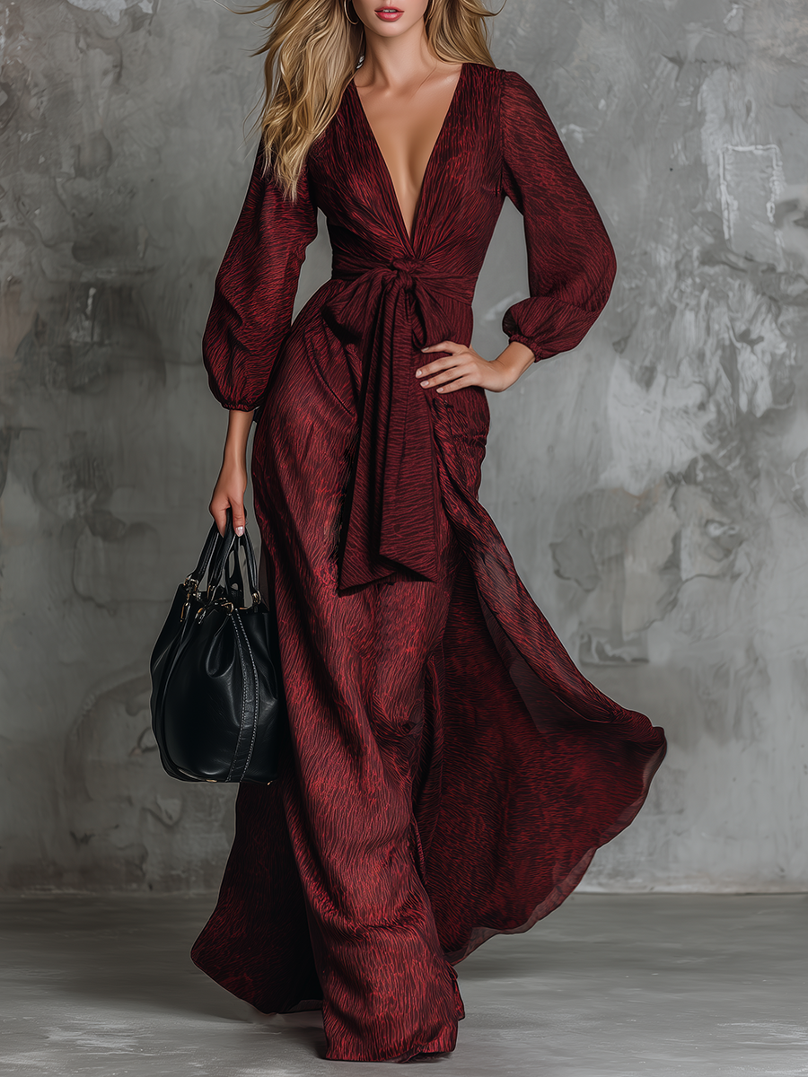 High-end Chic V-neck Tie-up Burgundy Satin Jacquard Maxi Dress