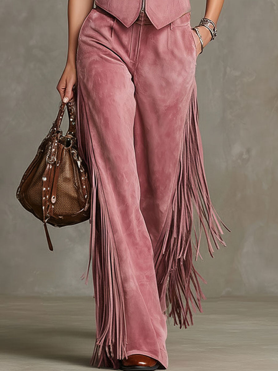 Western Retro Pink Faux Suede Vest And Tassel Pants Set