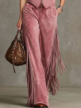 Western Retro Pink Faux Suede Vest And Tassel Pants Set