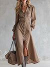 Vintage Western-style Lapel Button-down Khaki Denim Maxi Dress