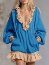 Sporty Color-blocked Ruffled V-neck Long-sleeved Mini Dress