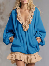 Sporty Color-blocked Ruffled V-neck Long-sleeved Mini Dress