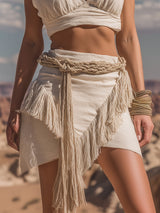 【24-hour shipping out】Retro And Fashionable Wasteland Style Hooded Top Tassel Skirt Beige Cotton And Linen Suit