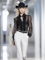 Exquisite And Stylish Ruffled Placket Black Lace Shirt