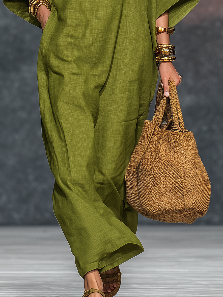 Vintage Bohemian Batwing Sleeve Cotton And Linen Midi Dress