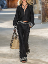 Stylish Black Cotton And Linen Blend Top And Pants With Zebra Print Set