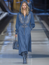 Retro Blue Denim Hooded Zip-up Eagle Embroidered Maxi Dress