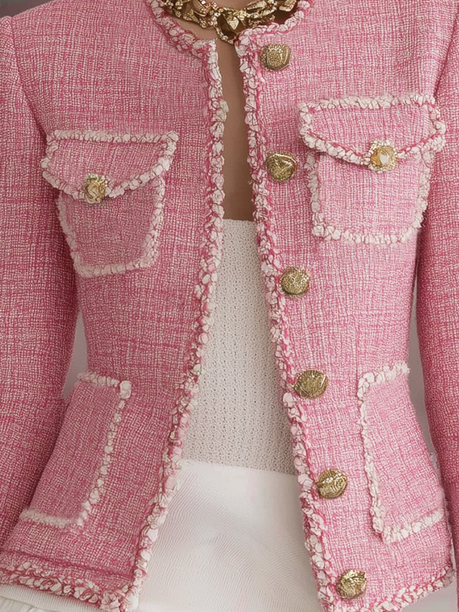 Designer Pink Tweed Patchwork White Trim Button Jacket