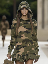 Camouflage Ruffle Long Sleeve Hooded Mini Dress