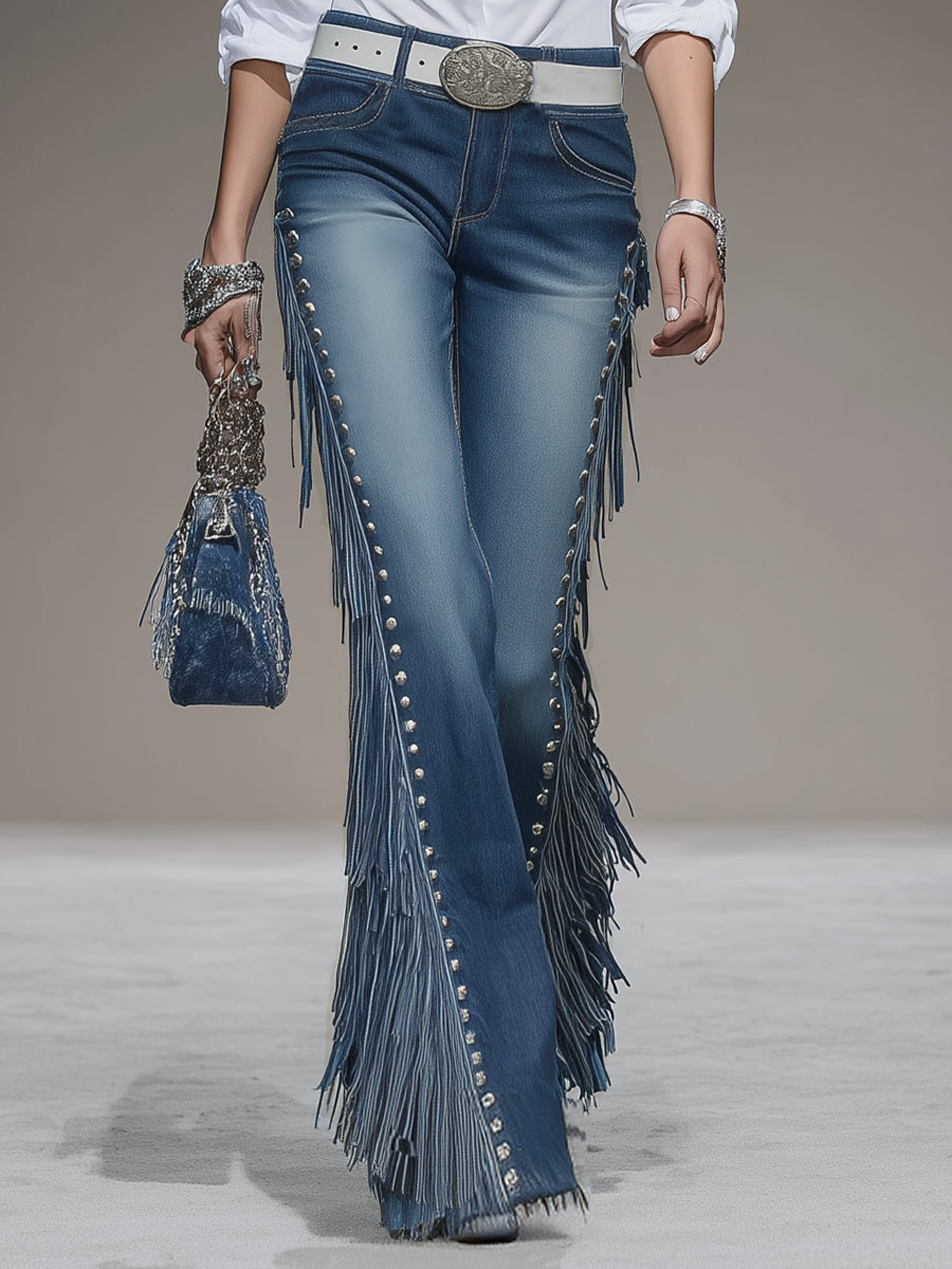 Western Blue Denim Side Tassel Rivet Flared Pants