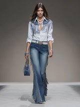 Western Blue Denim Side Tassel Rivet Flared Pants