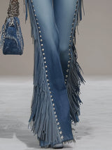 Western Blue Denim Side Tassel Rivet Flared Pants