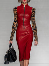 Red Pu Stitching Leopard Print Zipper Midi Dress
