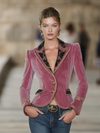 Pink Velvet Collar Lace And Gold Ribbon Blazer