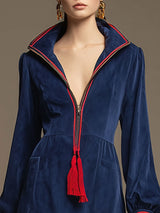 Western-style Retro Woven Ribbon Tassel Royal Blue Faux Suede Long-sleeved Mini Dress