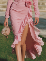 Elegant And Romantic Ruffled Three-dimensional Flowers Pink Chiffon Midi Dress