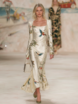 Square-Neck Long-Sleeved Printed Satin Maxi Dress