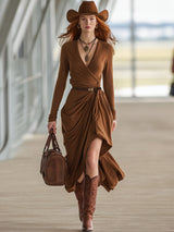 Casual And Stylish Brown V-neck Slit Midi Dress