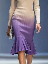 Elegant Three-dimensional Floral Decoration Beige And Purple Knitted Midi Dress
