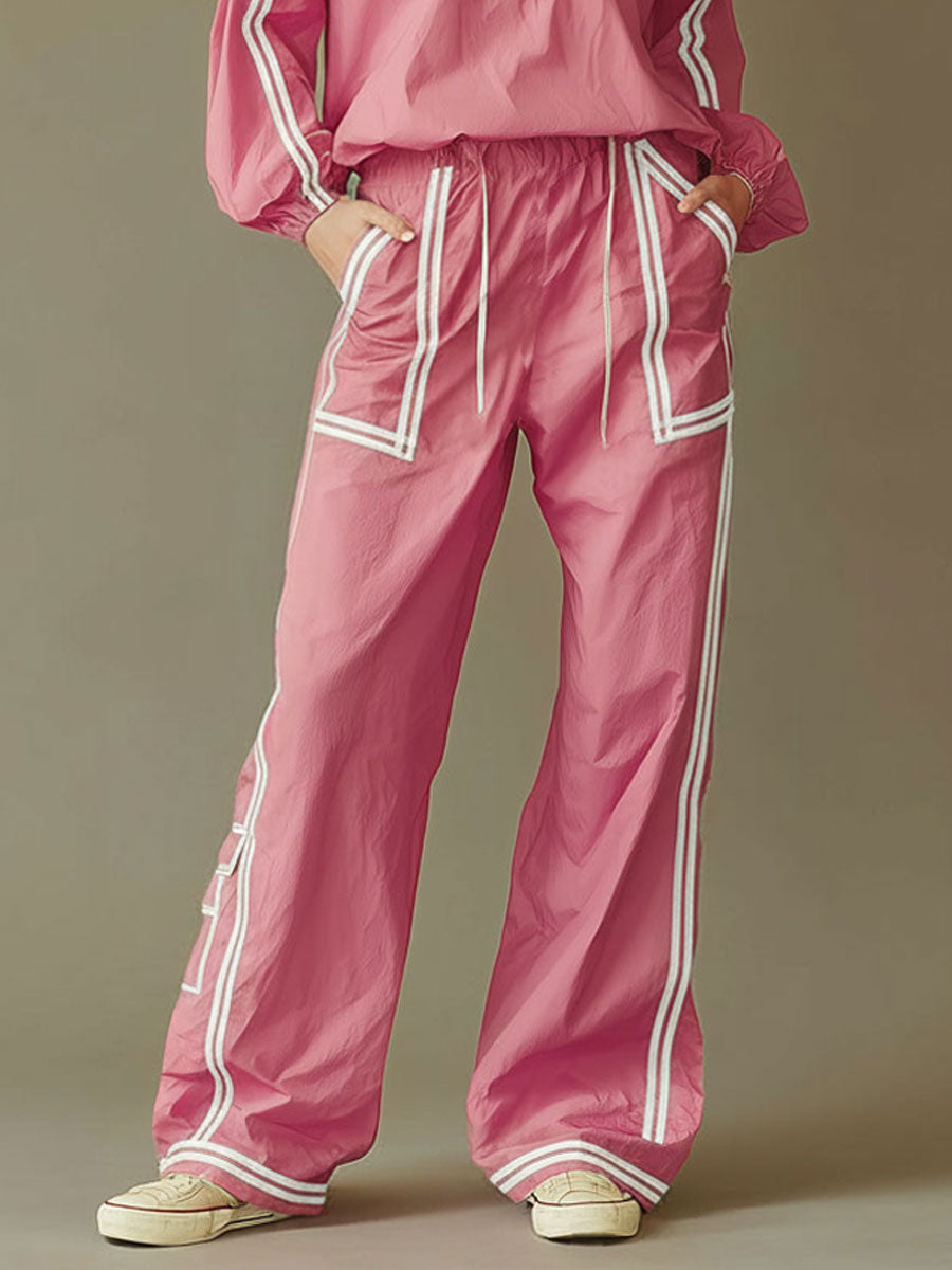 Casual Sporty Retro Pink Quick-drying Outdoor Top And Wide-leg Pants Set