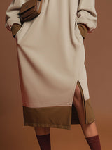 Sporty Retro Apricot Cotton Long-Sleeved Slit Midi Dress