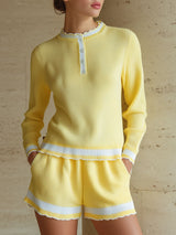 Round-neck Ruffle-trimmed Long-sleeved Top And Shorts Knitted Set
