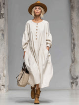 Loose Round-neck Button-front Double-pocket Cotton Long-sleeved Midi Dress