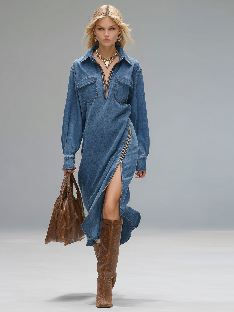 Lapel Collar Double-pocket Zip-up Denim Long-sleeved Midi Dress