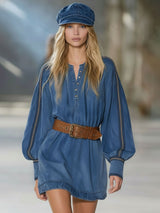 Henry Collar Button-down Contrasting Woven Trim Long-sleeved Denim Mini Dress