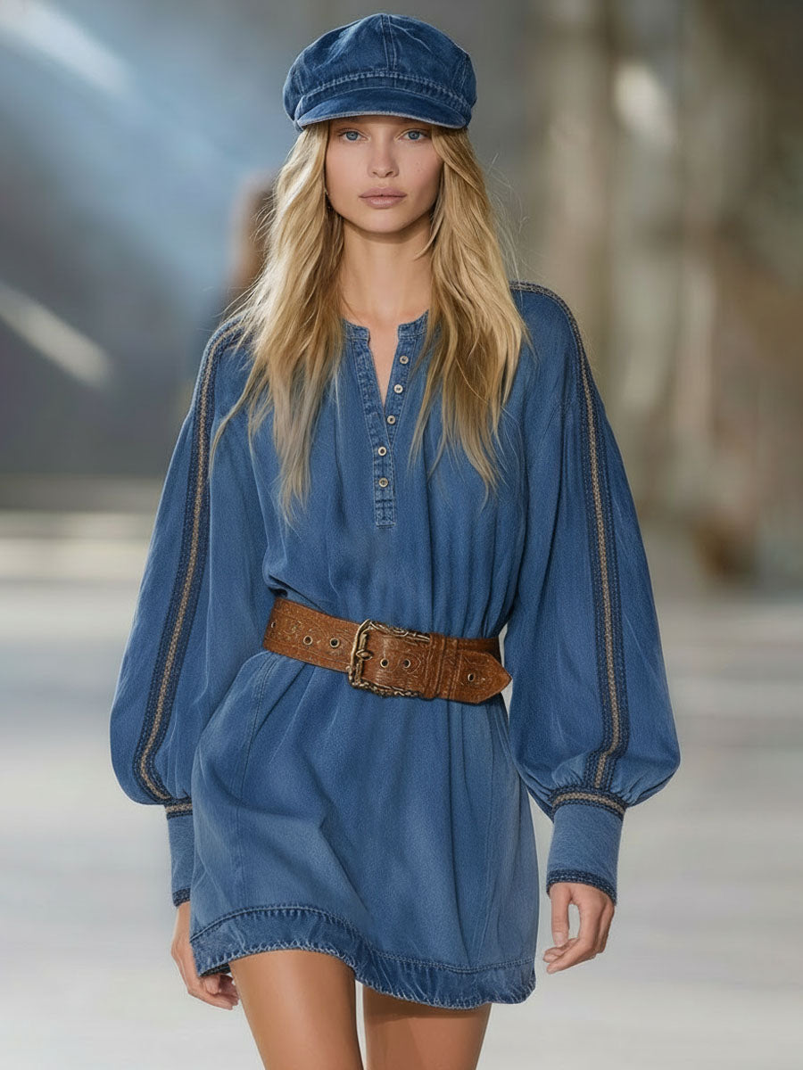 Henry Collar Button-down Contrasting Woven Trim Long-sleeved Denim Mini Dress