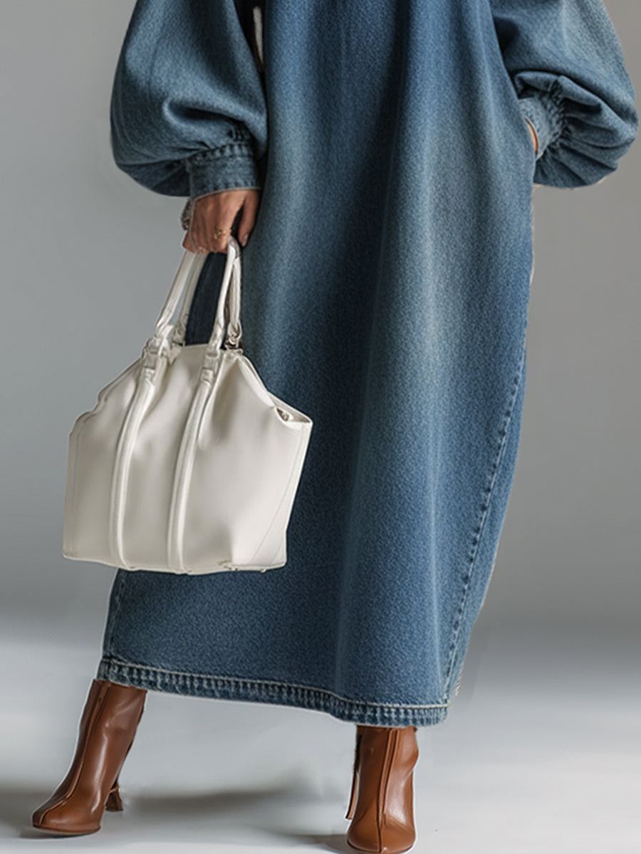 Elegant Urban Blue Denim Button-Front Maxi Dress