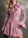Lapel Collar Pocket Detail Leopard Print Faux Suede Flared Long-sleeved Mini Dress