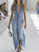 【24-hour shipping out】Western Retro Light Blue Denim Sleeveless Raw Edge Wide Leg Zipper Jumpsuit