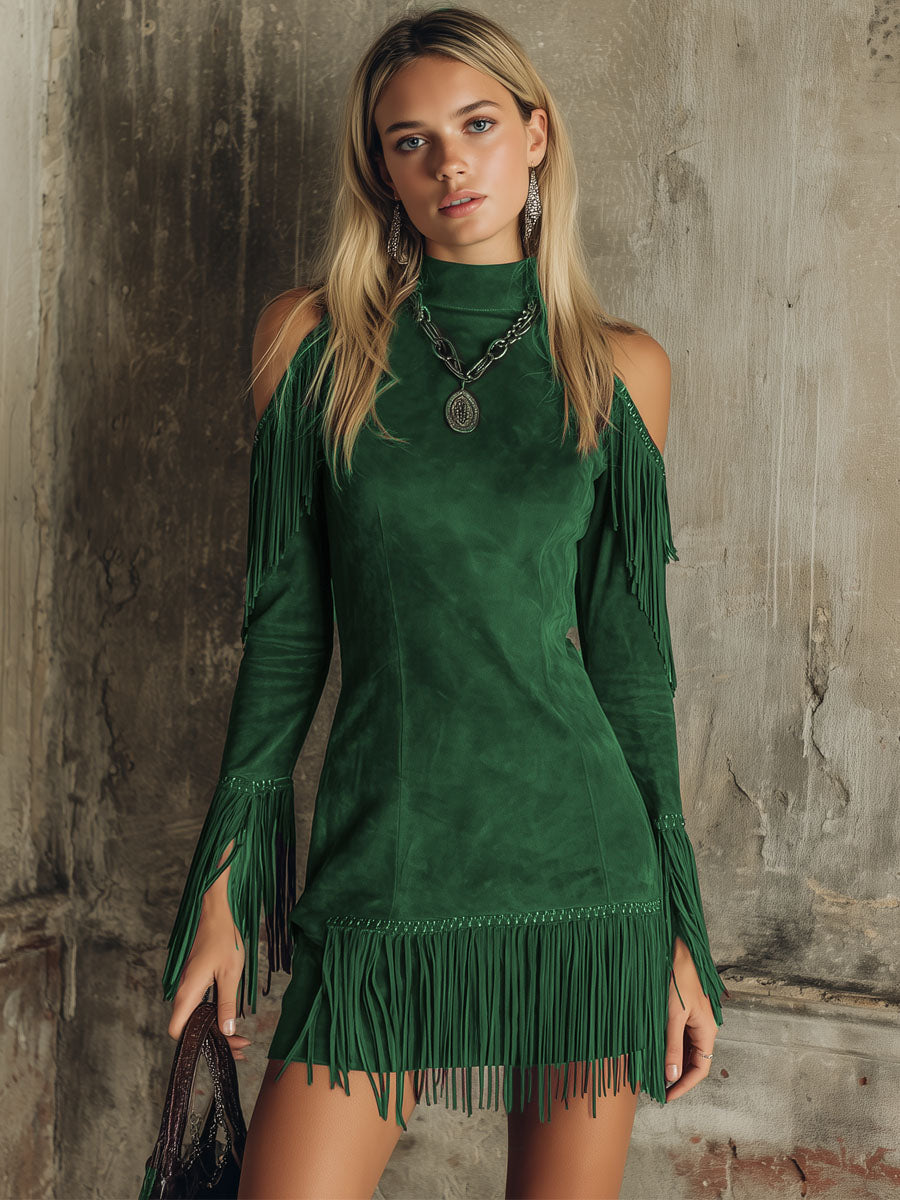 Semi-high Neck Off-the-shoulder Fringed Faux Suede Long-sleeved Mini Dress