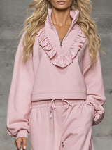 Loose-fitting Stand-up Collar Half-zip Ruffle Sweatshirt And Casual Pants Set