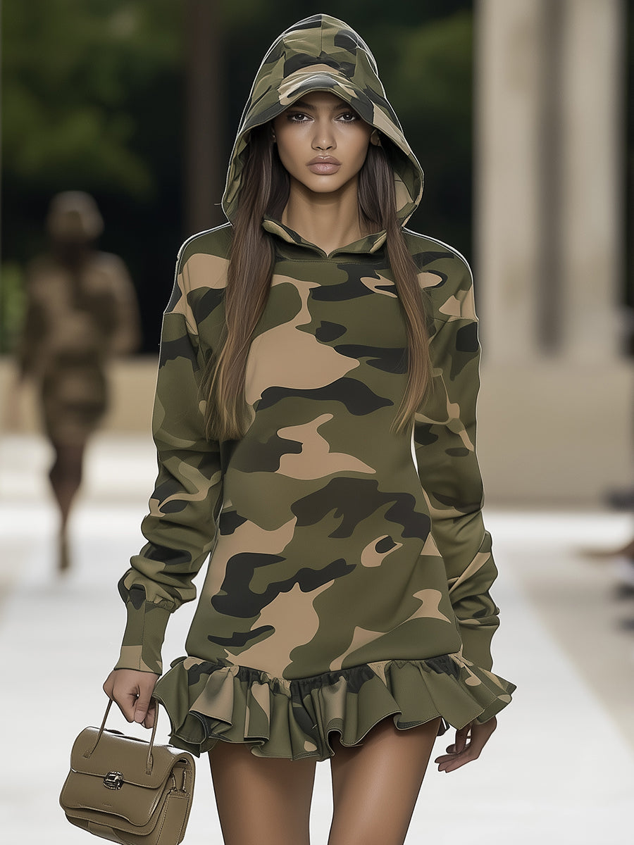 Camouflage Ruffle Long Sleeve Hooded Mini Dress