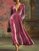 【24-hour shipping out】V-Neck Loose Simple Solid Color Velvet Pocket Long Sleeve Maxi Dress