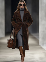 【24-hour shipping out】Casual Loose Retro Solid Chocolate Color Belted Suede Mid-Length Coat