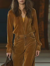 【24-hour shipping out】Casual Loose V-Neck Pocket Long Sleeve Corduroy Jumpsuit