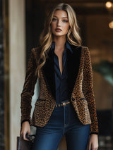 【24-hour shipping out】Casual Retro Leopard Print Colorblock Lapel Pocket Blazer