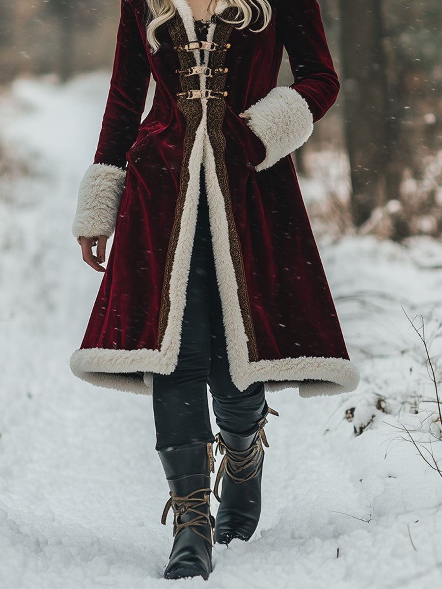 【24-hour shipping out】Loose Vintage Velvet Wool Gold Edge Stitched Pocket Hooded Coat