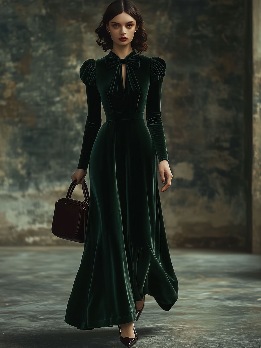 【24-hour shipping out】Fashion Party Solid Color Velvet Stand Collar Bowknot Long Sleeve Maxi Dress